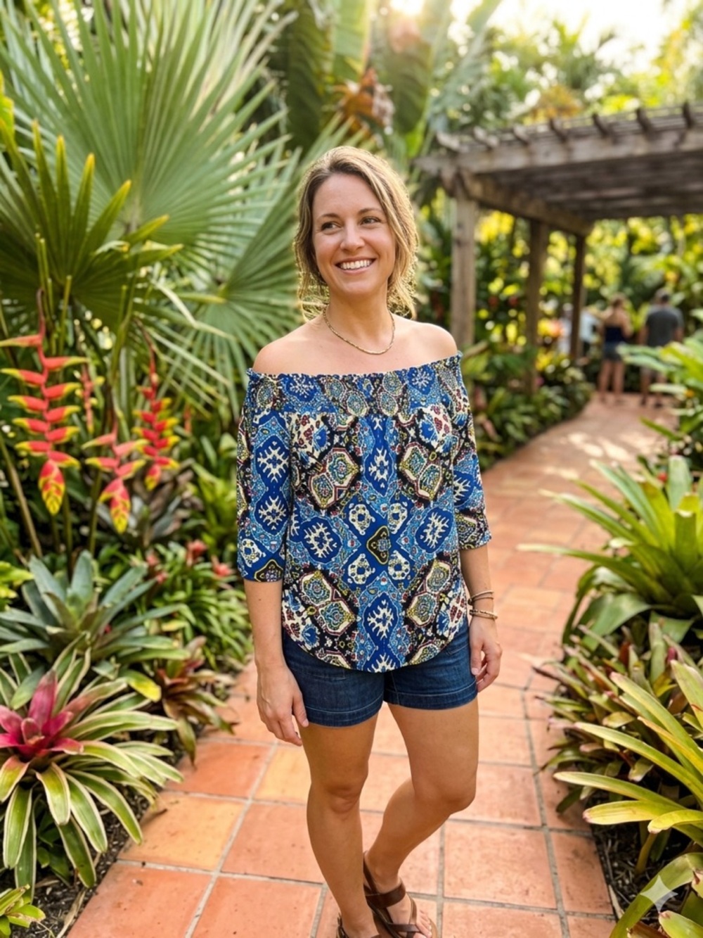 Women's Blue Off-Shoulder Printed Blouse